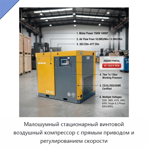 Малошумный стационарный винтовой воздушный компрессор с прямым приводом и регулированием скорости