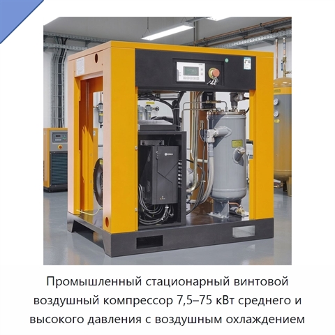 Промышленный стационарный винтовой воздушный компрессор 7,5–75 кВт среднего и высокого давления с воздушным охлаждением