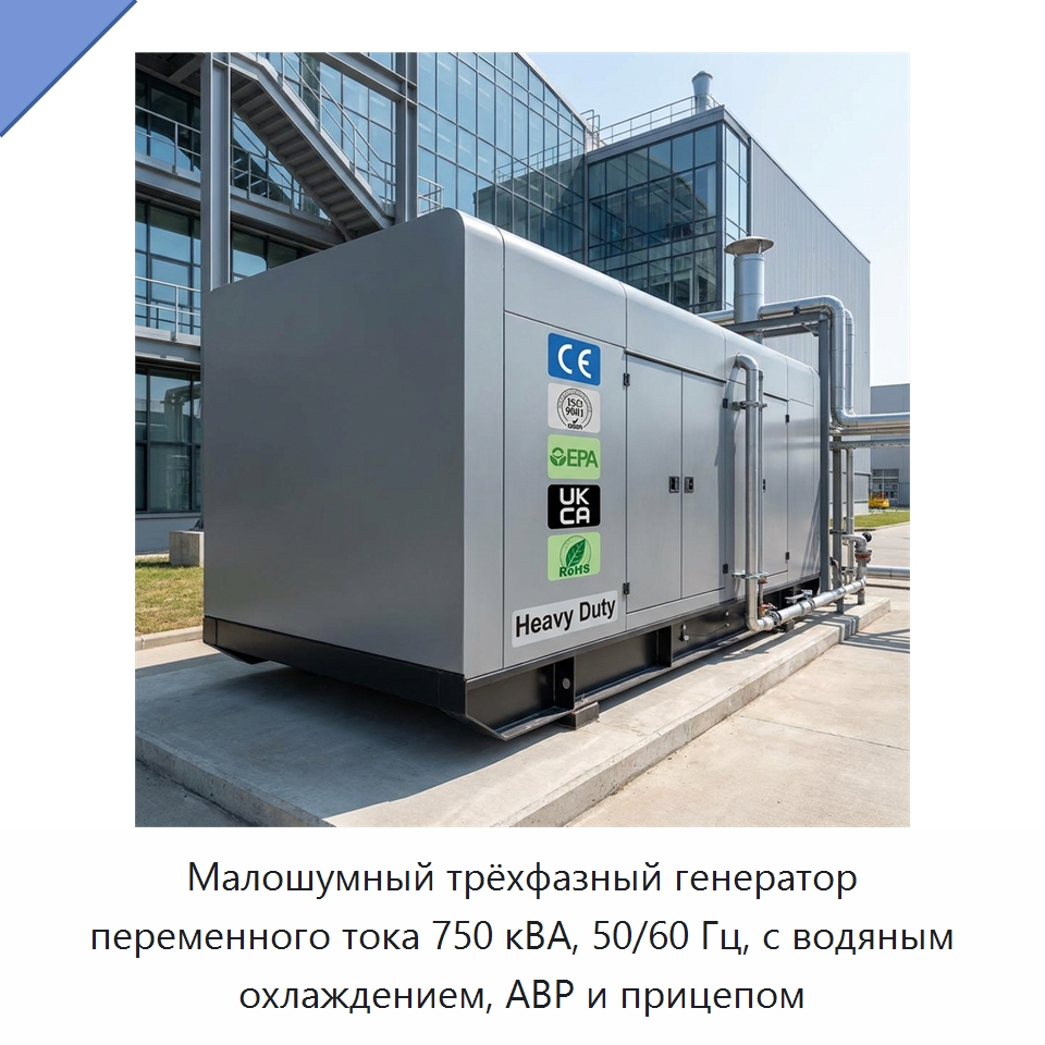 Малошумный трёхфазный генератор переменного тока 750 кВА, 50/60 Гц, с водяным охлаждением, АВР и прицепом — Дизельные генераторы