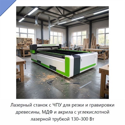 Лазерный станок с ЧПУ для резки и гравировки древесины, МДФ и акрила с углекислотной лазерной трубкой 130–300 Вт