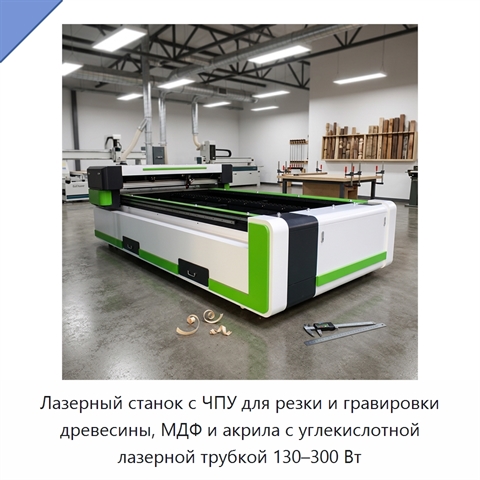Лазерный станок с ЧПУ для резки и гравировки древесины, МДФ и акрила с углекислотной лазерной трубкой 130–300 Вт