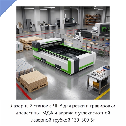 Лазерный станок с ЧПУ для резки и гравировки древесины, МДФ и акрила с углекислотной лазерной трубкой 130–300 Вт