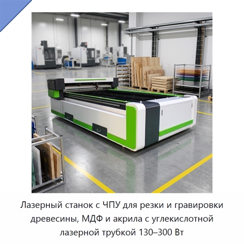 Лазерный станок с ЧПУ для резки и гравировки древесины, МДФ и акрила с углекислотной лазерной трубкой 130–300 Вт