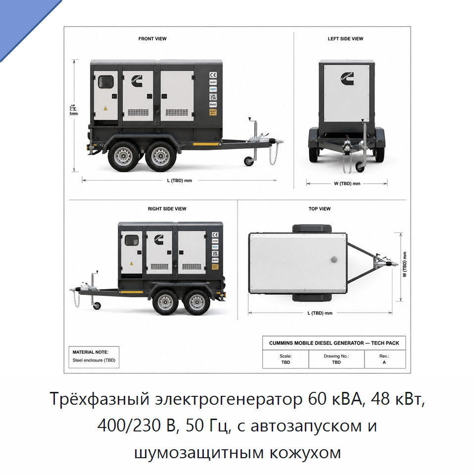 Трёхфазный электрогенератор 60 кВА, 48 кВт, 400/230 В, 50 Гц, с автозапуском и шумозащитным кожухом — Генерация электроэнергии