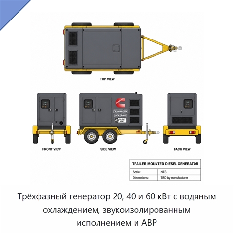 Трёхфазный генератор 20, 40 и 60 кВт с водяным охлаждением, звукоизолированным исполнением и АВР