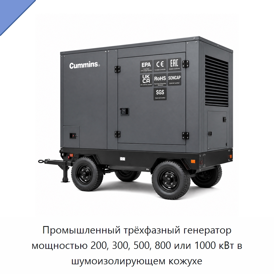 Промышленный трёхфазный генератор мощностью 200, 300, 500, 800 или 1000 кВт в шумоизолирующем кожухе — Генерация электроэнергии