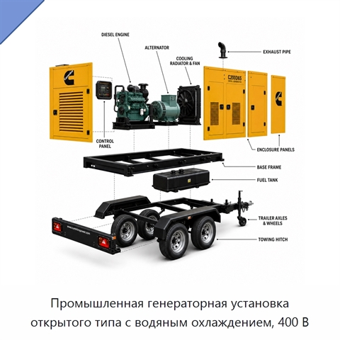 Промышленная генераторная установка открытого типа с водяным охлаждением, 400 В