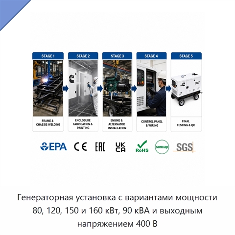 Генераторная установка с вариантами мощности 80, 120, 150 и 160 кВт, 90 кВА и выходным напряжением 400 В