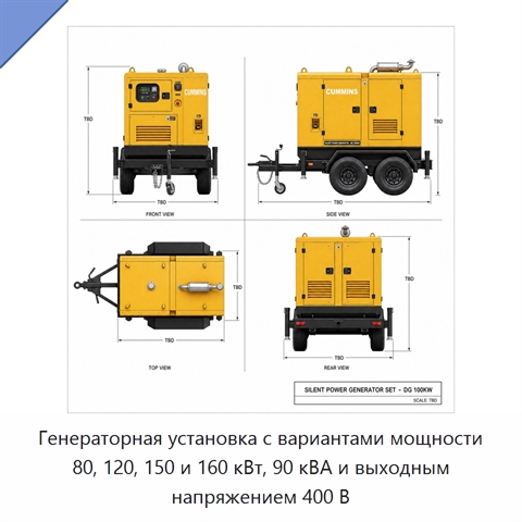 Генераторная установка с вариантами мощности 80, 120, 150 и 160 кВт, 90 кВА и выходным напряжением 400 В