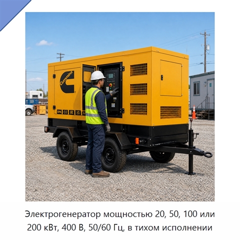 Электрогенератор мощностью 20, 50, 100 или 200 кВт, 400 В, 50/60 Гц, в тихом исполнении