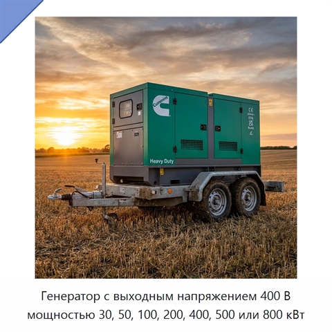 Генератор с выходным напряжением 400 В мощностью 30, 50, 100, 200, 400, 500 или 800 кВт