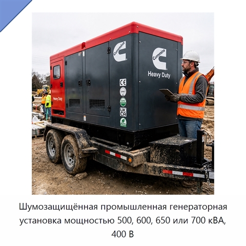 Шумозащищённая промышленная генераторная установка мощностью 500, 600, 650 или 700 кВА, 400 В