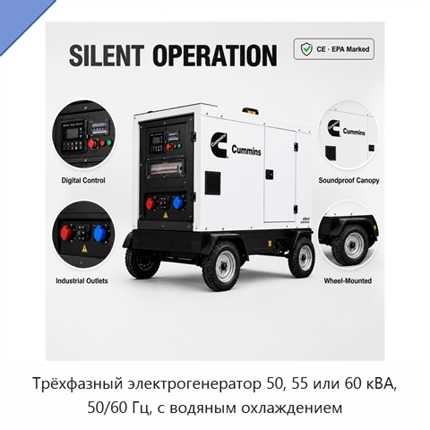 Трёхфазный электрогенератор 50, 55 или 60 кВА, 50/60 Гц, с водяным охлаждением