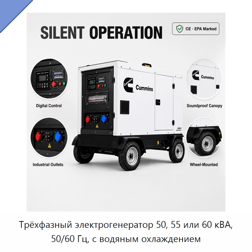 Трёхфазный электрогенератор 50, 55 или 60 кВА, 50/60 Гц, с водяным охлаждением — Генерация электроэнергии