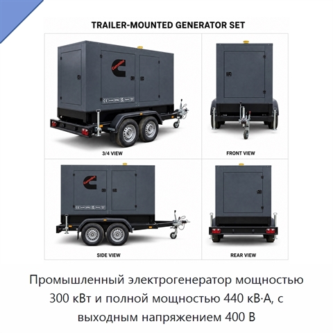 Промышленный электрогенератор мощностью 300 кВт и полной мощностью 440 кВ·А, с выходным напряжением 400 В