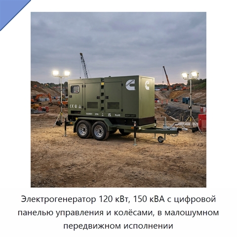 Электрогенератор 120 кВт, 150 кВА с цифровой панелью управления и колёсами, в малошумном передвижном исполнении