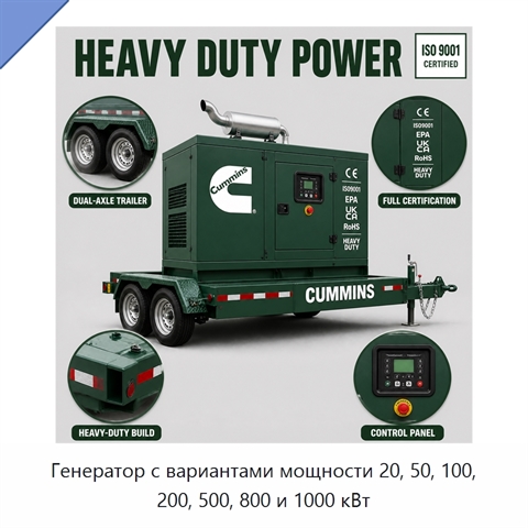 Генератор с вариантами мощности 20, 50, 100, 200, 500, 800 и 1000 кВт