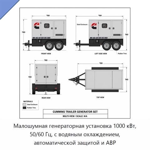 Малошумная генераторная установка 1000 кВт, 50/60 Гц, с водяным охлаждением, автоматической защитой и АВР