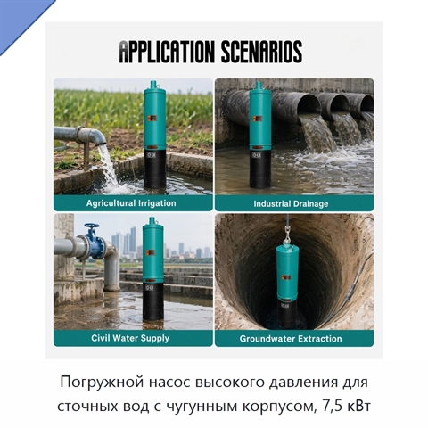 Погружной насос высокого давления для сточных вод с чугунным корпусом, 7,5 кВт