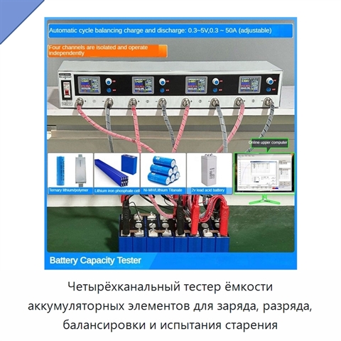 Четырёхканальный тестер ёмкости аккумуляторных элементов для заряда, разряда, балансировки и испытания старения