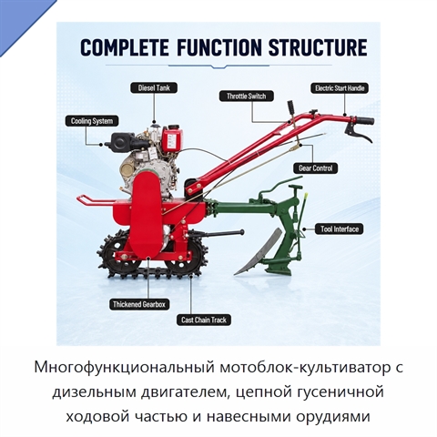 Многофункциональный мотоблок-культиватор с дизельным двигателем, цепной гусеничной ходовой частью и навесными орудиями