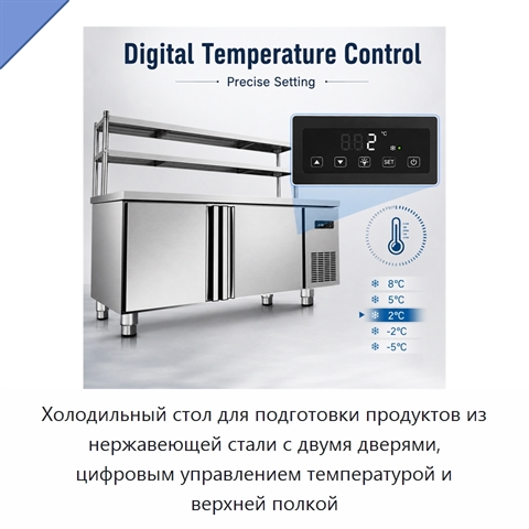Холодильный стол для подготовки продуктов из нержавеющей стали с двумя дверями, цифровым управлением температурой и верхней полкой