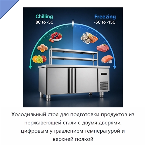 Холодильный стол для подготовки продуктов из нержавеющей стали с двумя дверями, цифровым управлением температурой и верхней полкой