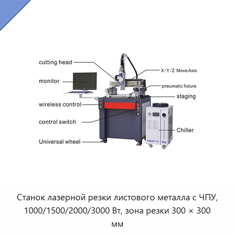 Станок лазерной резки листового металла с ЧПУ, 1000/1500/2000/3000 Вт, зона резки 300 × 300 мм