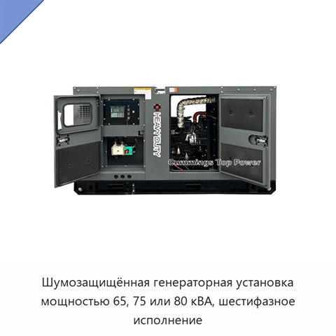 Шумозащищённая генераторная установка мощностью 65, 75 или 80 кВА, шестифазное исполнение