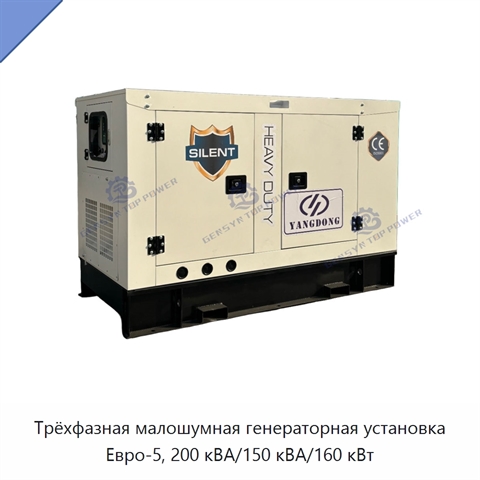 Трёхфазная малошумная генераторная установка Евро-5, 200 кВА/150 кВА/160 кВт