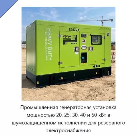 Промышленная генераторная установка мощностью 20, 25, 30, 40 и 50 кВт в шумозащищённом исполнении для резервного электроснабжения