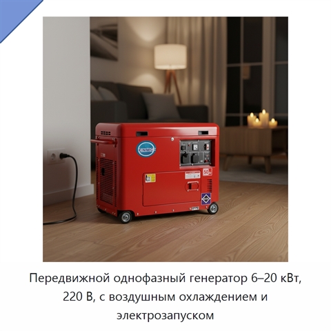 Передвижной однофазный генератор 6–20 кВт, 220 В, с воздушным охлаждением и электрозапуском