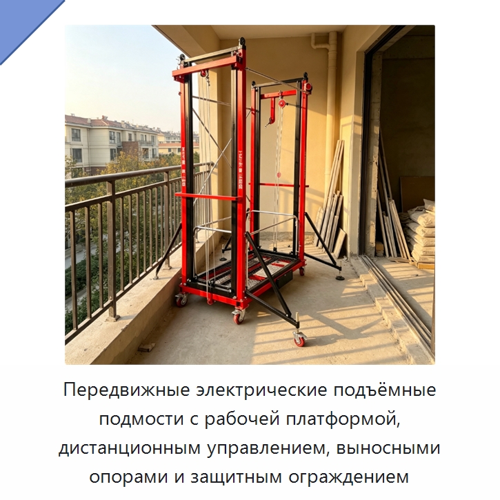 Передвижные электрические подъёмные подмости с рабочей платформой, дистанционным управлением, выносными опорами и защитным ограждением — Строительные подъёмники