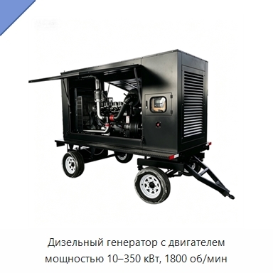 Дизельный генератор с двигателем мощностью 10–350 кВт, 1800 об/мин