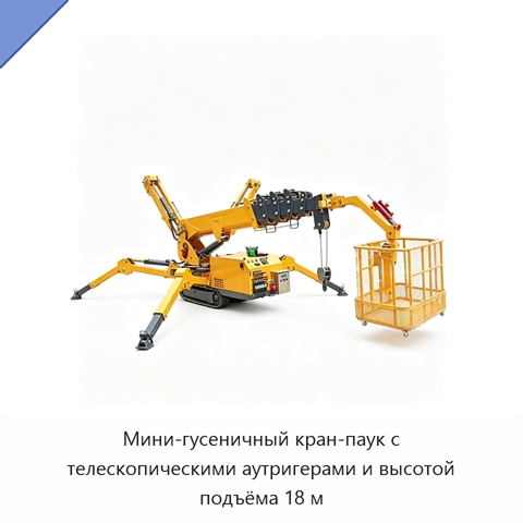 Мини-гусеничный кран-паук с телескопическими аутригерами и высотой подъёма 18 м