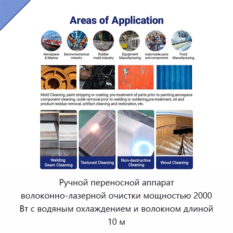 Ручной переносной аппарат волоконно-лазерной очистки мощностью 2000 Вт с водяным охлаждением и волокном длиной 10 м