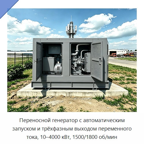 Переносной генератор с автоматическим запуском и трёхфазным выходом переменного тока, 10–4000 кВт, 1500/1800 об/мин — Дизельные генераторы