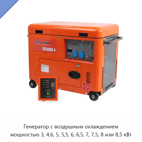 Генератор с воздушным охлаждением мощностью 3, 4,6, 5, 5,5, 6, 6,5, 7, 7,5, 8 или 8,5 кВт