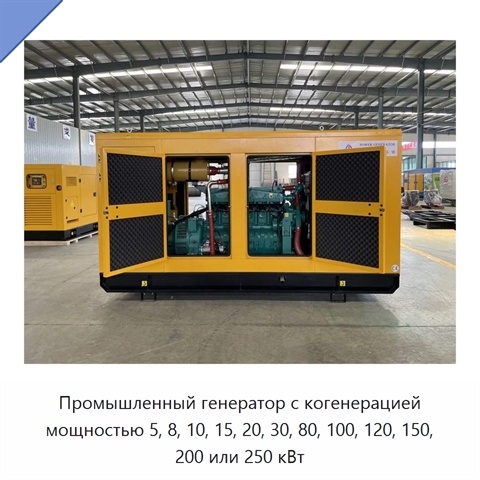 Промышленный генератор с когенерацией мощностью 5, 8, 10, 15, 20, 30, 80, 100, 120, 150, 200 или 250 кВт