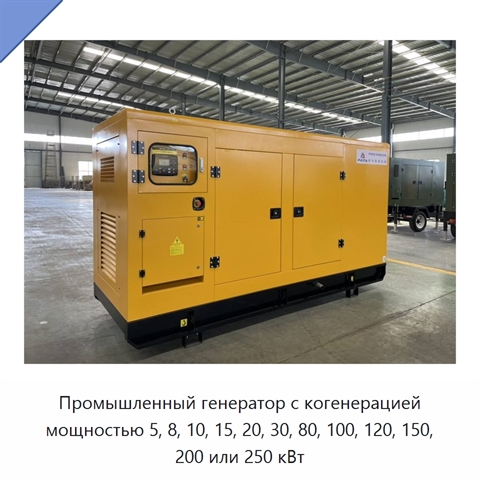 Промышленный генератор с когенерацией мощностью 5, 8, 10, 15, 20, 30, 80, 100, 120, 150, 200 или 250 кВт