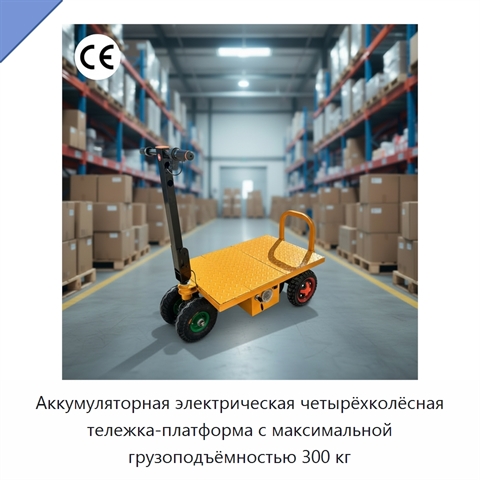 Аккумуляторная электрическая четырёхколёсная тележка-платформа с максимальной грузоподъёмностью 300 кг