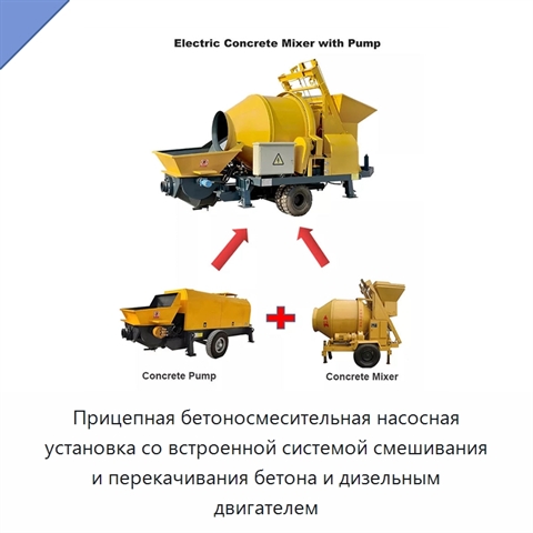 Прицепная бетоносмесительная насосная установка со встроенной системой смешивания и перекачивания бетона и дизельным двигателем