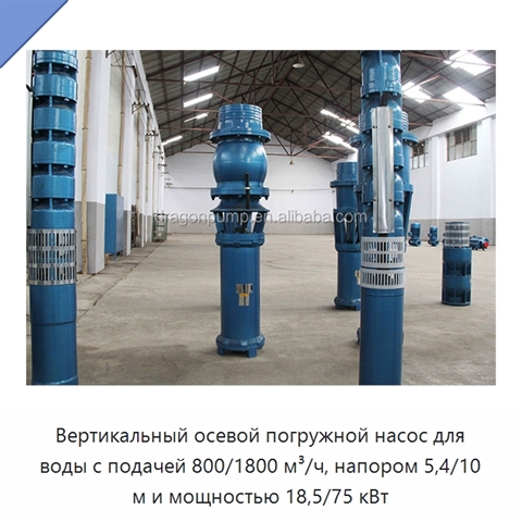 Вертикальный осевой погружной насос для воды с подачей 800/1800 м³/ч, напором 5,4/10 м и мощностью 18,5/75 кВт