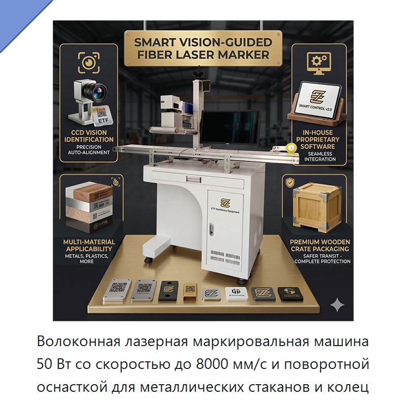 Волоконная лазерная маркировальная машина 50 Вт со скоростью до 8000 мм/с и поворотной оснасткой для металлических стаканов и колец — Лазерные маркировочные станки