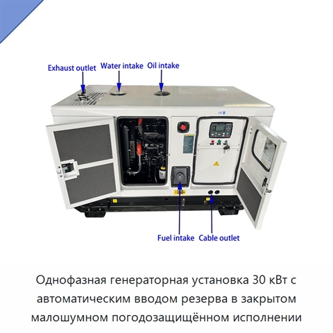 Однофазная генераторная установка 30 кВт с автоматическим вводом резерва в закрытом малошумном погодозащищённом исполнении