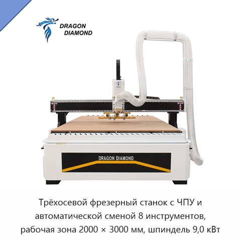 Трёхосевой фрезерный станок с ЧПУ и автоматической сменой 8 инструментов, рабочая зона 2000 × 3000 мм, шпиндель 9,0 кВт