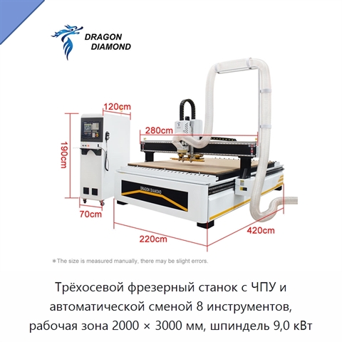 Трёхосевой фрезерный станок с ЧПУ и автоматической сменой 8 инструментов, рабочая зона 2000 × 3000 мм, шпиндель 9,0 кВт