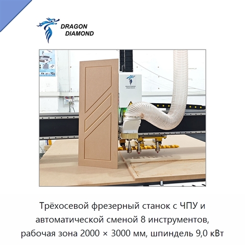 Трёхосевой фрезерный станок с ЧПУ и автоматической сменой 8 инструментов, рабочая зона 2000 × 3000 мм, шпиндель 9,0 кВт