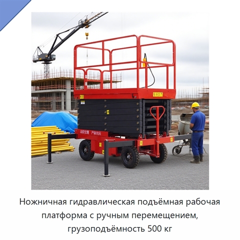 Ножничная гидравлическая подъёмная рабочая платформа с ручным перемещением, грузоподъёмность 500 кг