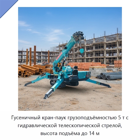 Гусеничный кран-паук грузоподъёмностью 5 т с гидравлической телескопической стрелой, высота подъёма до 14 м
